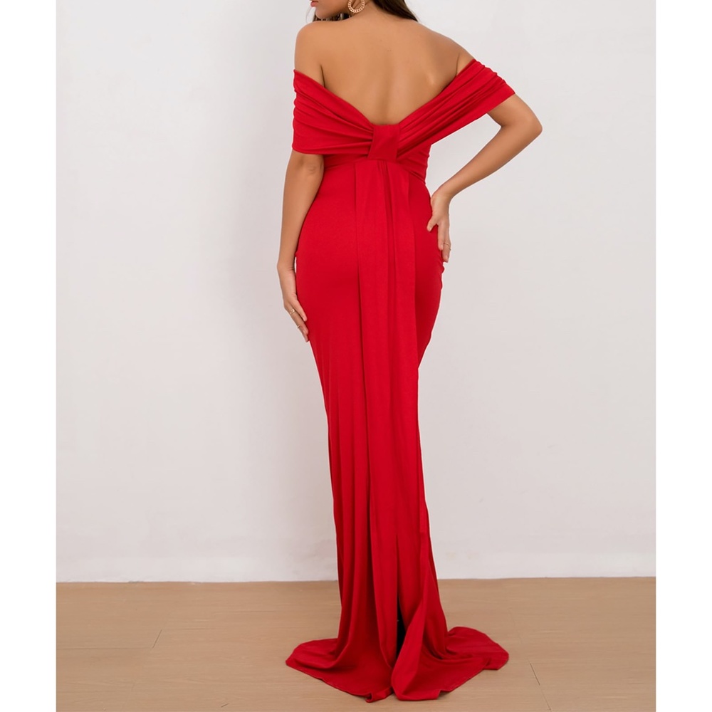 Red Off Shoulder Overlap Special Occasion Dress - Picture 2 of 8